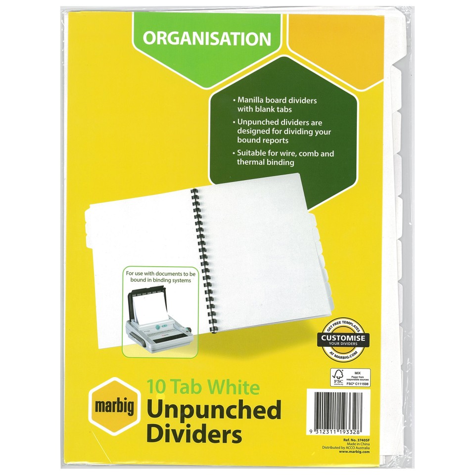 Marbig Dividers Manilla Unpunched 10 Tab A4 White