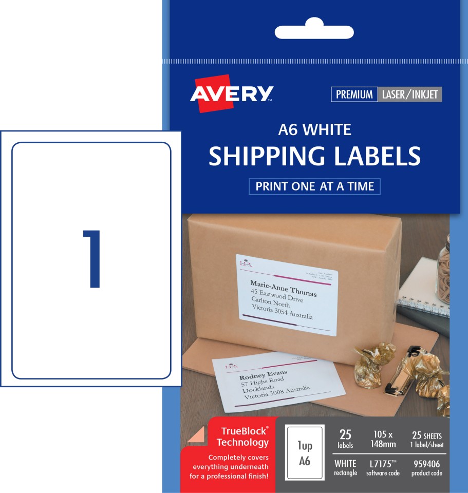 Avery Shipping Labels A6 Laser Inkjet Printers 105x148mm 25 Labels 959406 / L7175