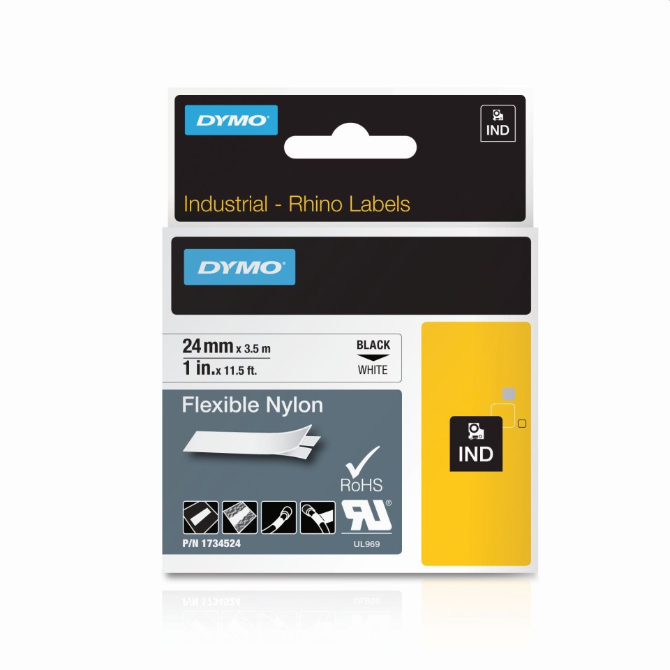 Dymo Rhino Flexible Nylon Label Tape Black On White 24mmx3.5m
