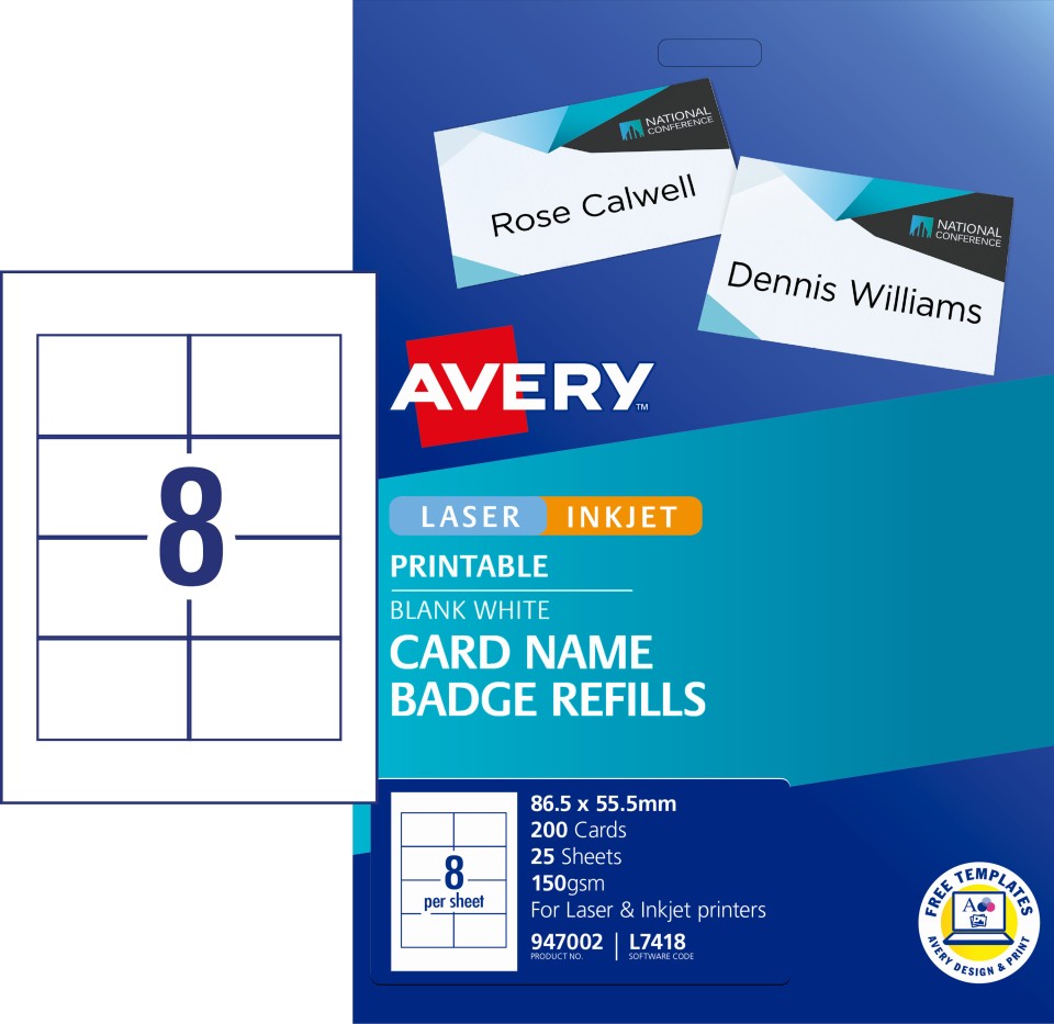 Avery Name Badge Labels Laser Inkjet Card 947002/L7418 86.5x55.5mm White Pack 200 Labels