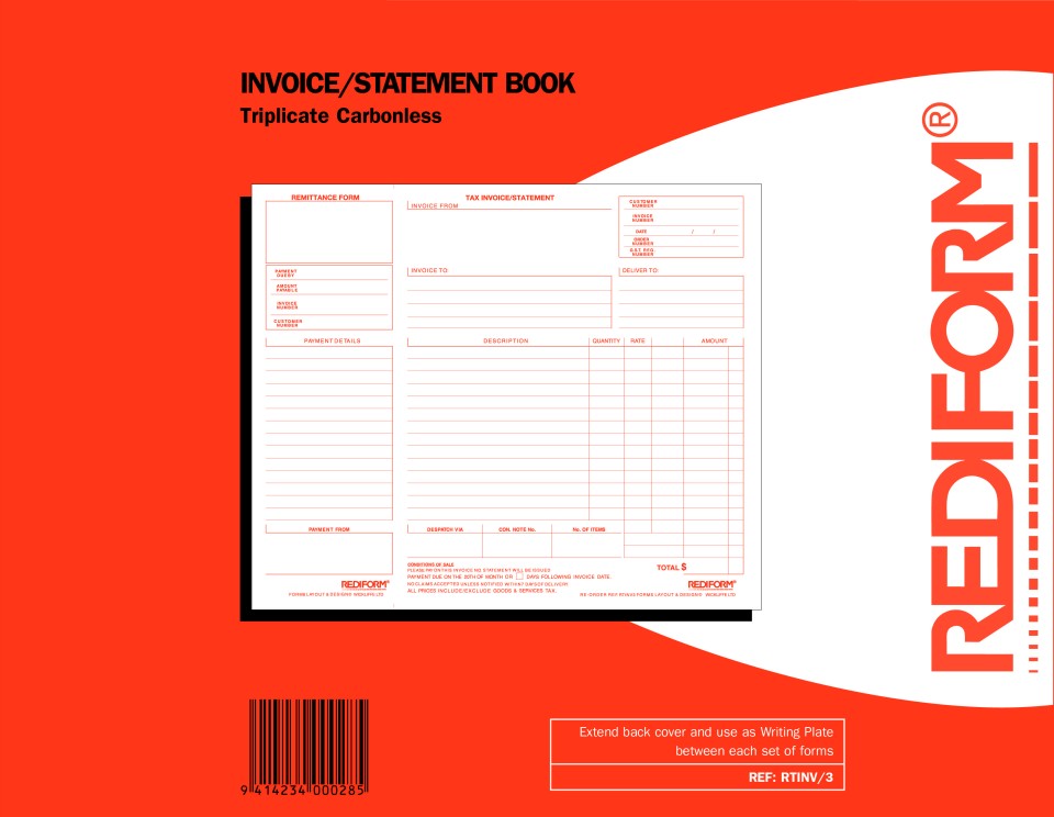 Rediform Invoice Statement Book No Carbon Required RTINV3 210x300mm 50 Triplicates