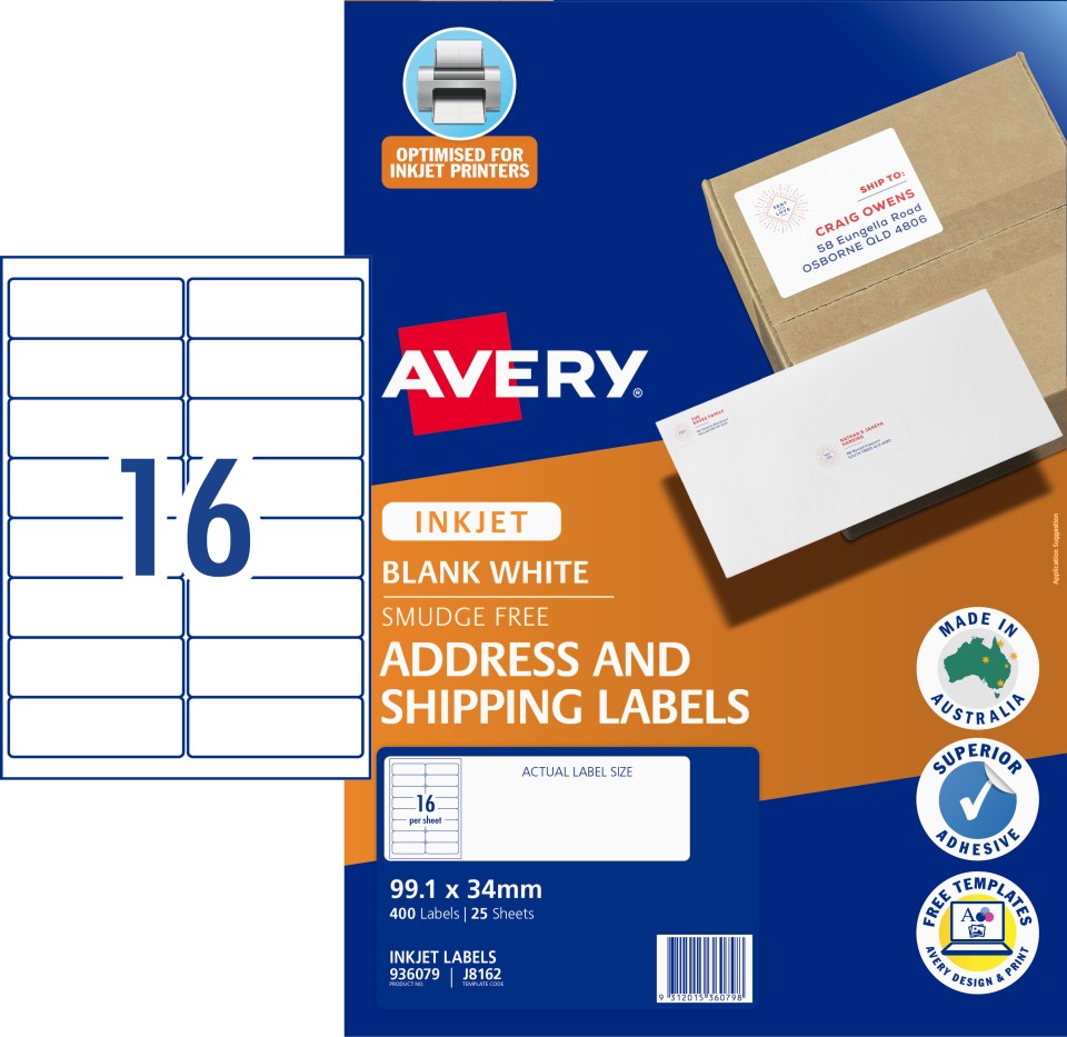 Avery Quick Peel Address Sure Feed Inkjet Printers 99.1 X 34 Mm Pack 400 Labels (936029 / J8162)
