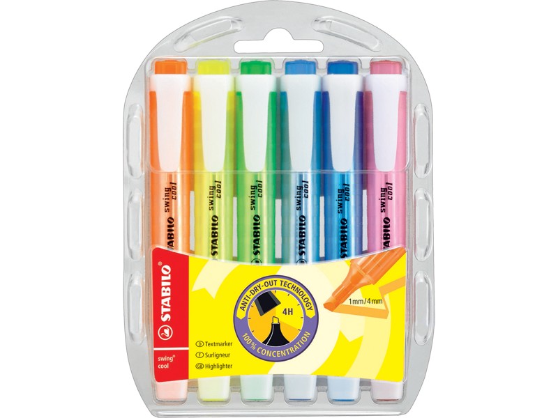 Stabilo Swing Highlighter Chisel Tip 1-4.0mm Assorted Colours Set 6