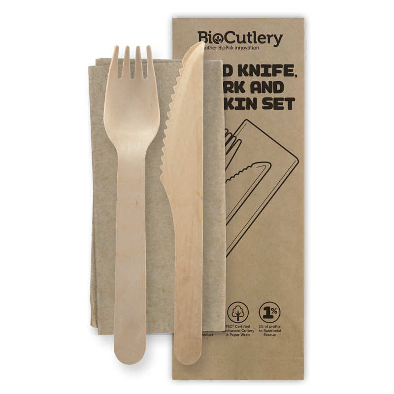 BioPak Wooden Cutlery Set Knife Fork with Napkin FSC 160mm Box 100