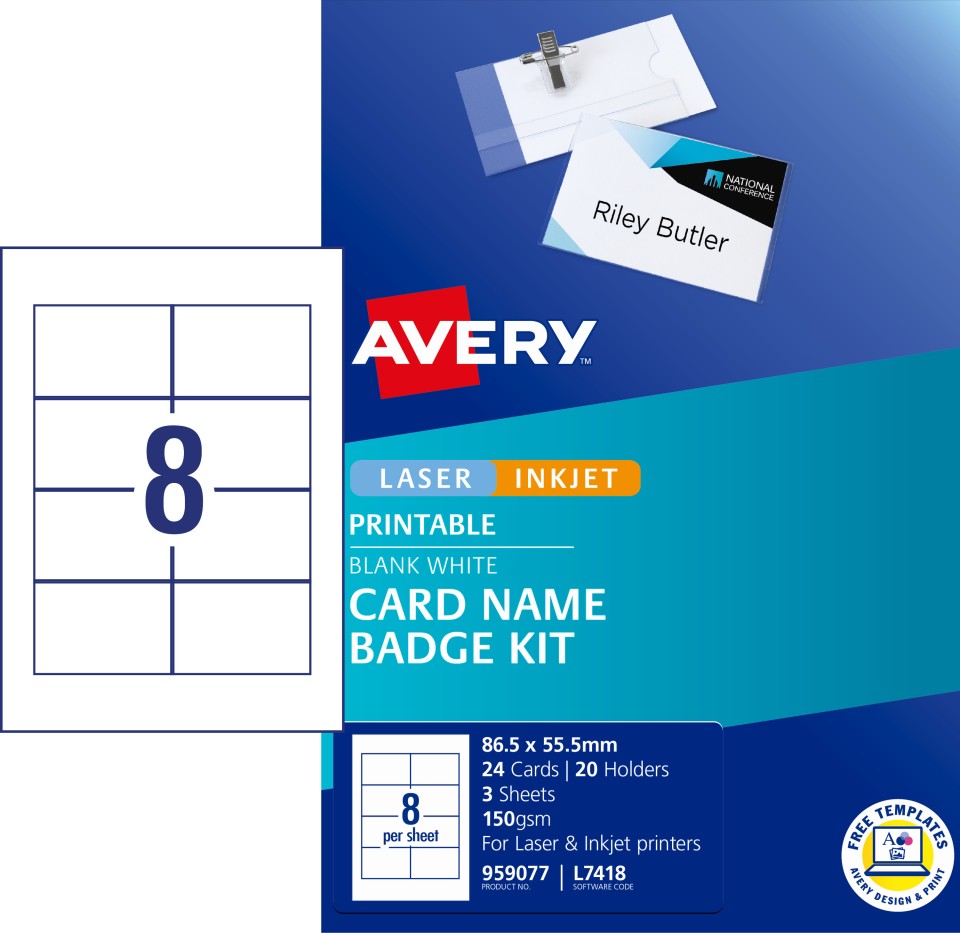 Avery Card Name Badges Kit 86.5x55.5mm 20 Badges 959077 / L7418