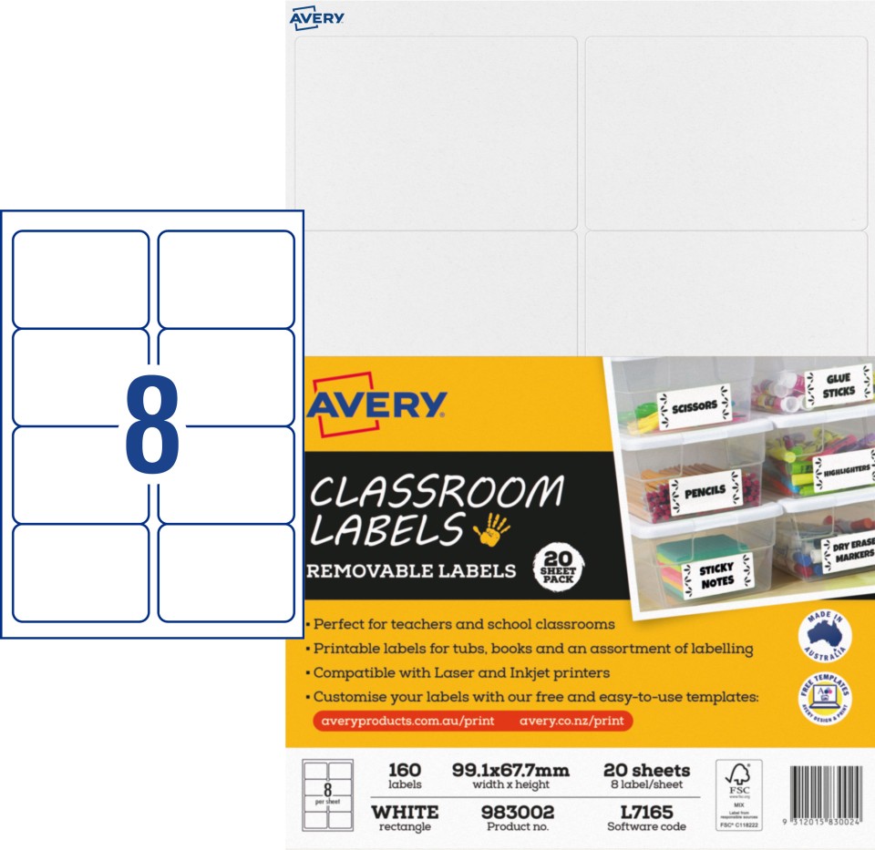 Avery Classroom Labels Laser Inkjet Printers 99.1x67.7mm 160 Labels 983002/ L7165