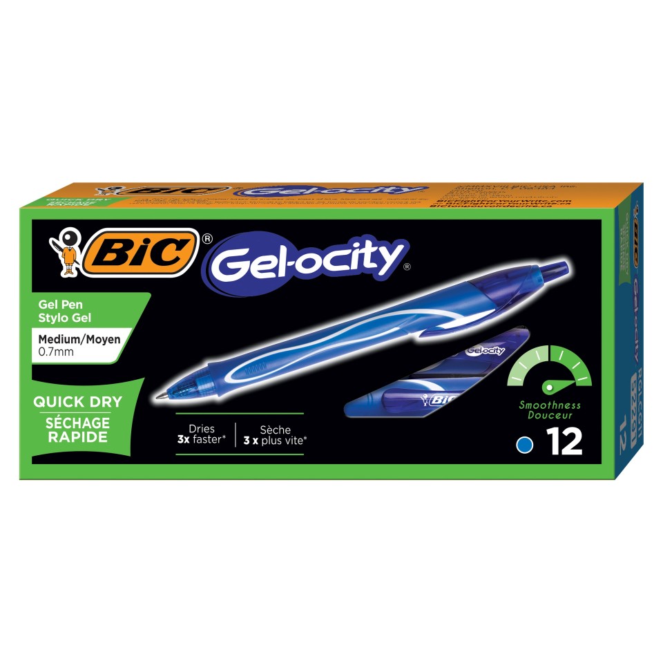 BIC Gelocity Gel Ink Pen Retractable Quick Dry Fine 0.7mm Blue Box 12