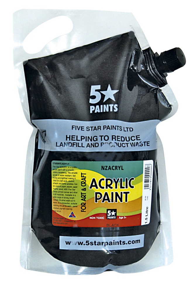 5 Star NZACRYL Acrylic Paint 1.5 Litre Pouch Black