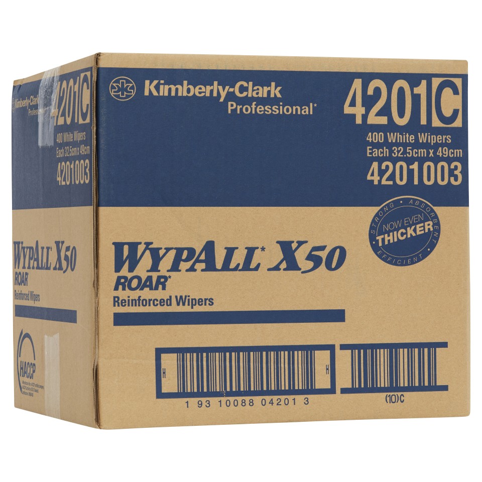 Wypall X50 Reinforced Wipers 4201 4 Ply 33.5cm x 49cm White Carton of 400