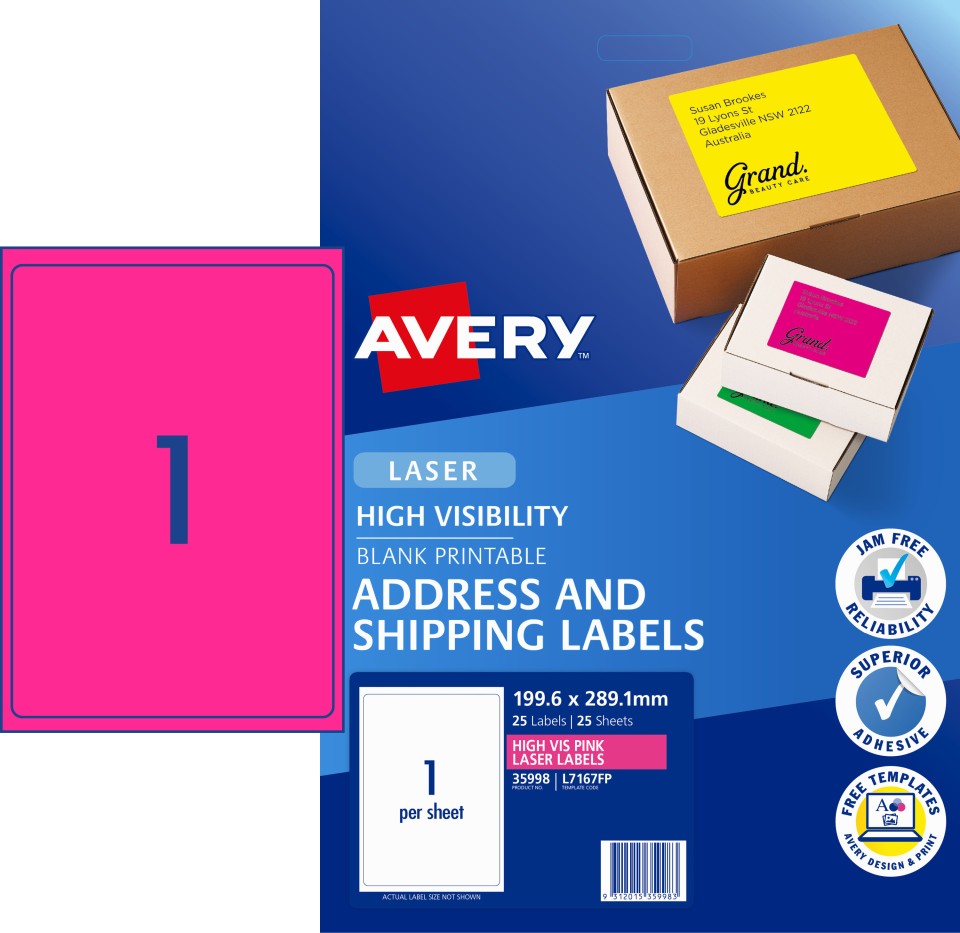 Avery Shipping Labels Fluoro Pink High Vis Laser Printers 199.6x289.1mm 25 Labels 35998 / L7167FP