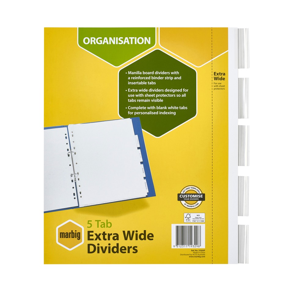 Marbig Dividers Insertable 5 Tab A4 Extra Wide White