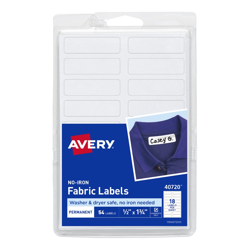 Avery No-Iron Fabric Labels Washable & Dryer Safe 54 Labels 40720