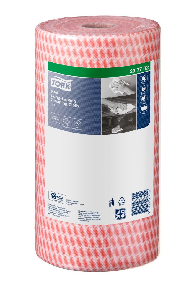 Tork Cleaning Cloth Heavy Duty Colour Coded Roll 297702 90 Sheets Red