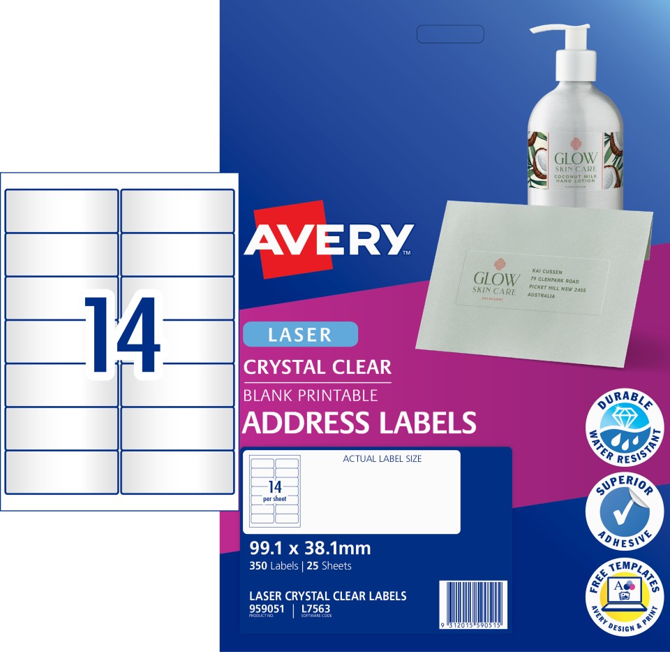 Avery Crystal Clear Address Labels Laser Printers, 99.1 x 38.1 mm, 350 Labels (959051 / L7563)