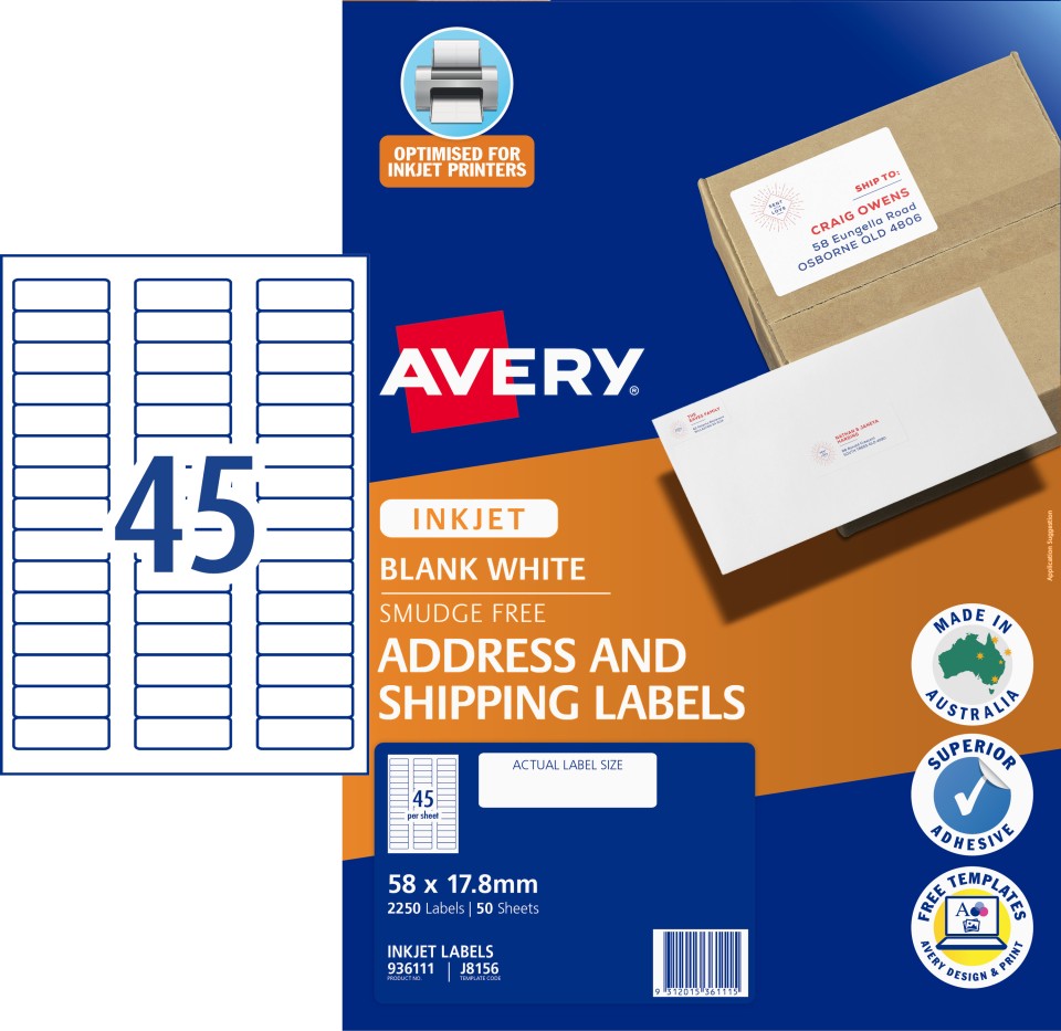 Avery Quick Peel Address Labels Sure Feed Inkjet Printers 58 x 17.8mm 2250 Labels (936061 / J8156)