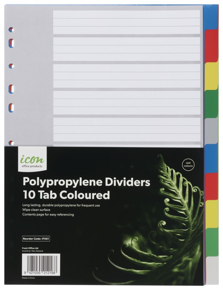 Icon Dividers Polypropylene 10 Tab A4 Coloured