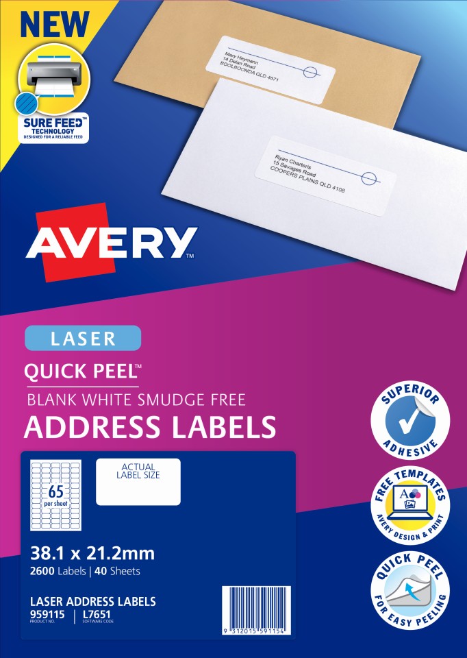 Avery Quick Peel Address Labels Sure Feed Laser Printers 38.1 x 21.2mm 2600 Labels (959115 / L7651)