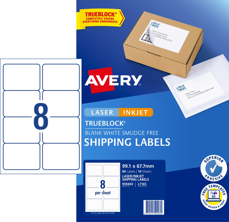 Avery Shipping Labels Trueblock Laser Inket Printer 959403/L7165 99.1x67.7mm White Pack 80 Labels