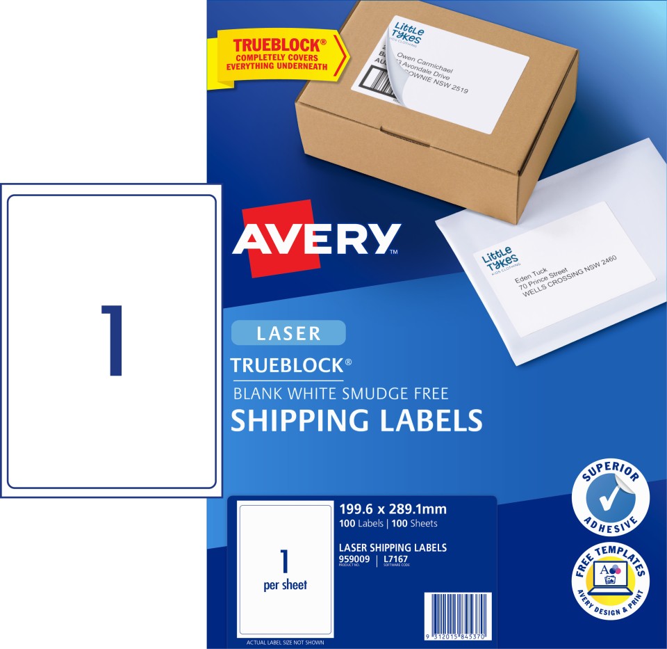 Avery Shipping Labels Trueblock Laser Printer 959009/L7167 199.6x289.1mm White Pack 100 Labels