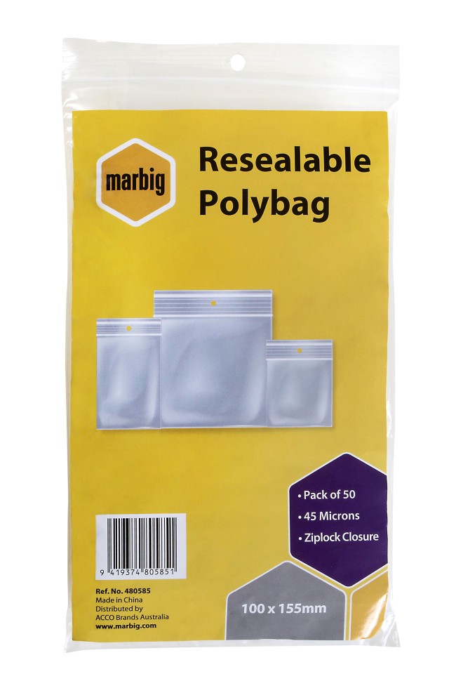 Marbig Resealable Polybag Ziplock Closure 100x155mm 45 Microns Pack 50