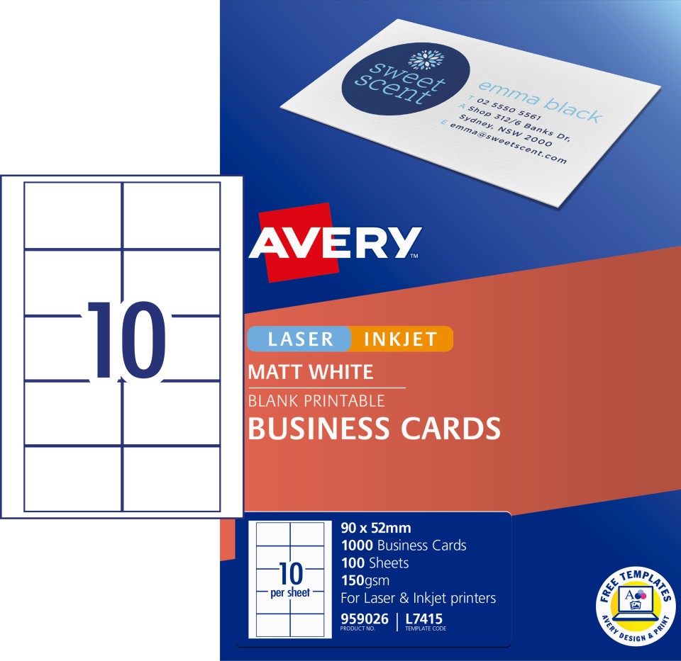 Avery Business Cards Laser Inkjet Printer 959026/L7415 90x52mm 150 g/m2 Matt White Pack 1000