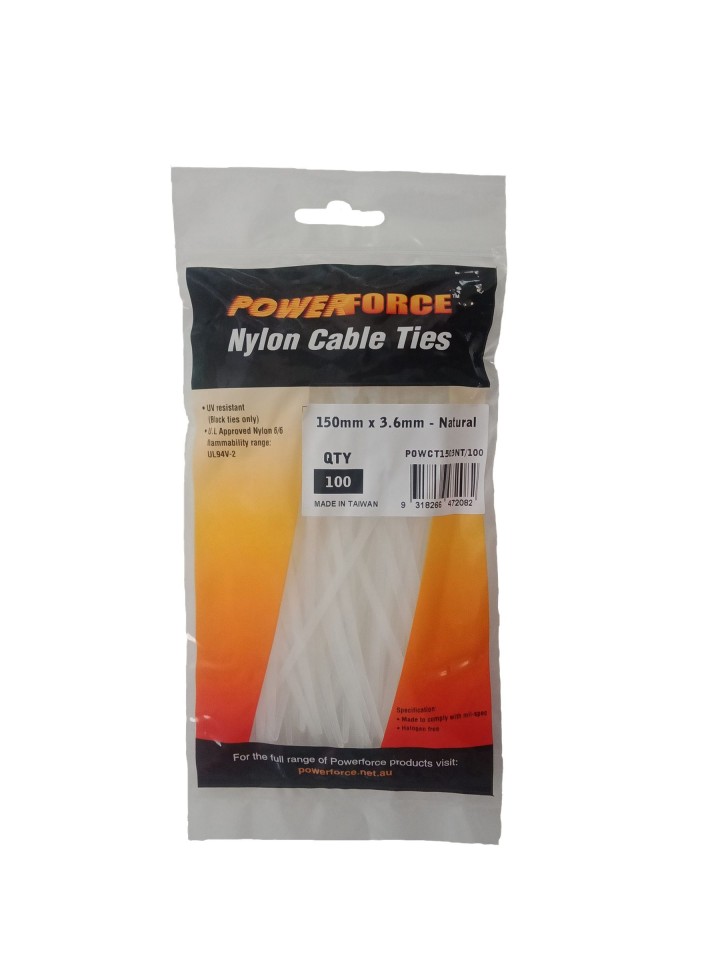 Powerforce Cable Tie Natural 150mm x 3.6mm Nylon 100pk