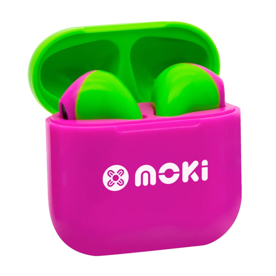 Mokipods Mini Tws Earphones For Kids Volume Limited Pink Green