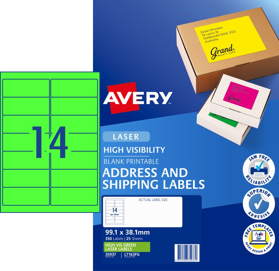 Avery Shipping Labels Laser Printer High Vis 35937/L7163FG 99.1x38.1mm Fluoro Green Pack 350 Labels