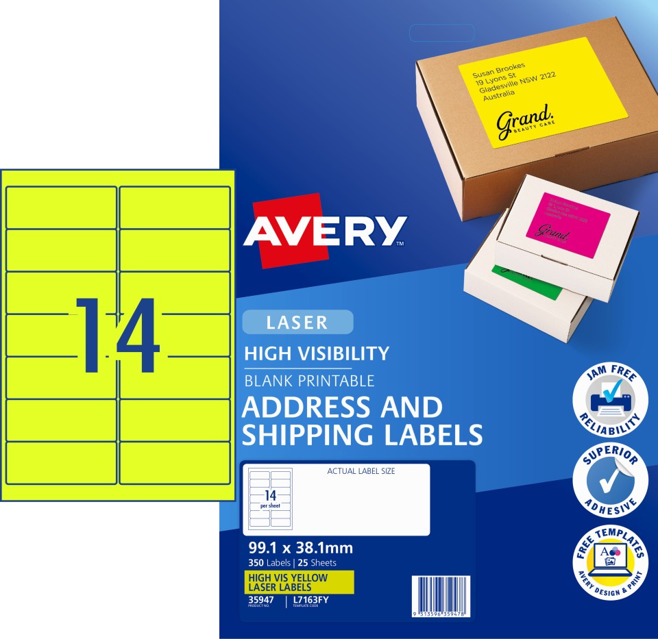 Avery Shipping Labels Laser Printer High Vis 35947/L7163FY 99.1x38.1mm Fluoro Yellow Pack 350 Labels