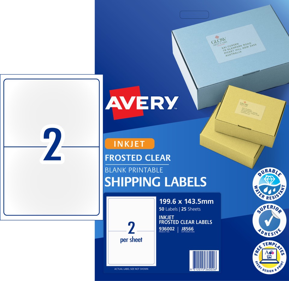 Avery Frosted Clear Shipping For Inkjet Printers 199.6 X 143.5mmpack 50 Labels (936002 / J8566)