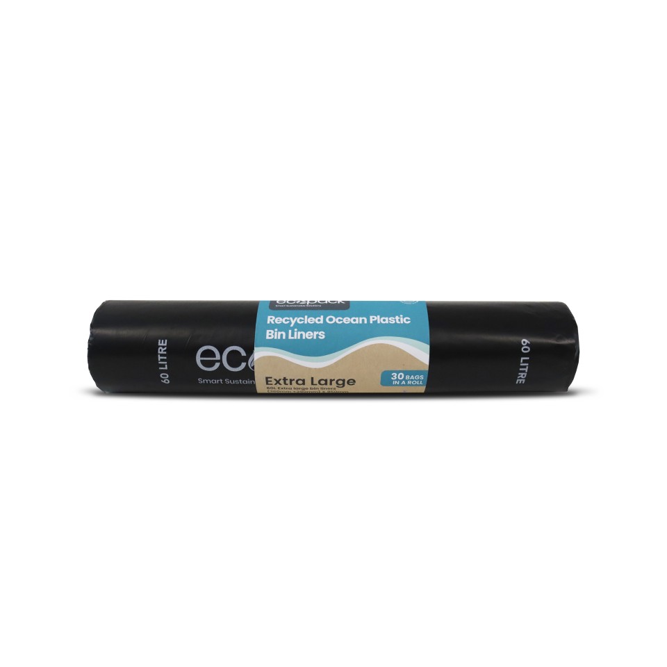  Ecopack 60L XL Ocean-Bound Recycled Plastic Bin Liners (360+290) X 950 (Black) X 30 Bags