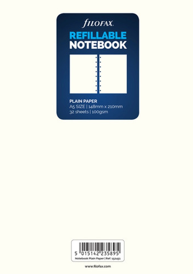 Filofax Notebook Refill Plain A5 32 Sheet White