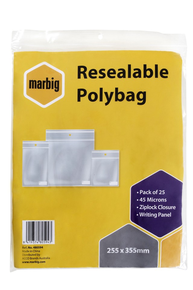 Marbig Resealable Polybag Writing Panel Ziplock Closure 255x355mm 45 Microns Pack 25