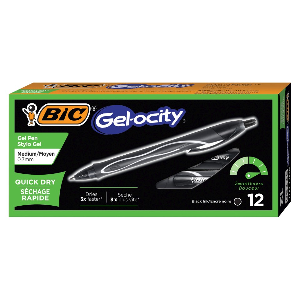 BIC Gelocity Gel Ink Pen Retractable Quick Dry Fine 0.7mm Black Box 12