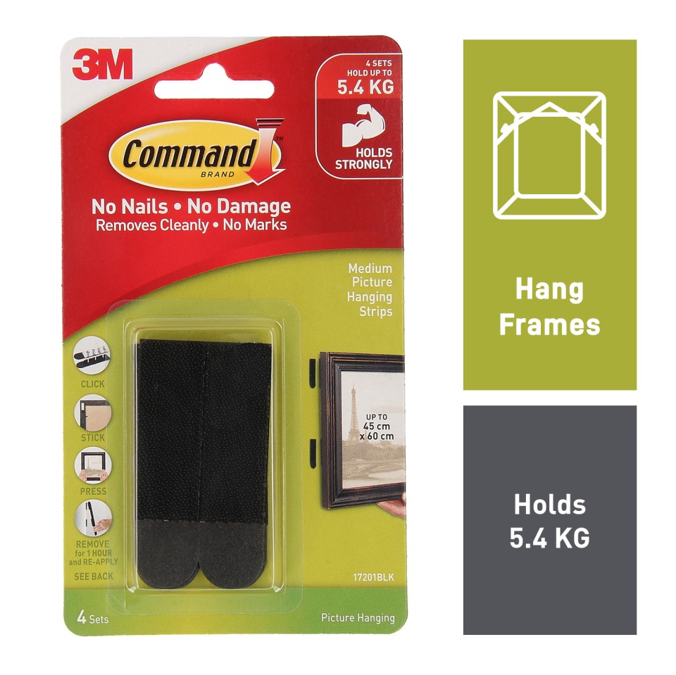 3M Command Picture Hanging Strips Medium Black Pack 4