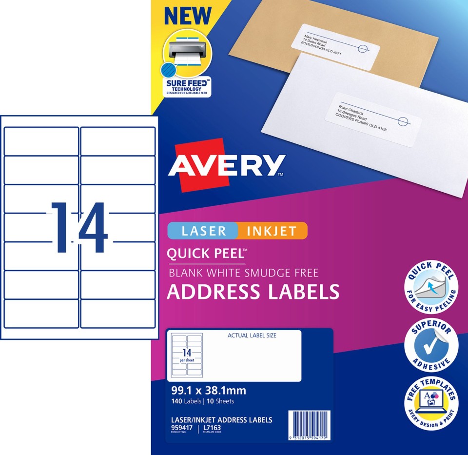 Avery Quickpeel Address Surefeed Laser&inkjet Printers 99.1 X 38.1mm Pack 140 Labels (959417/l7163)