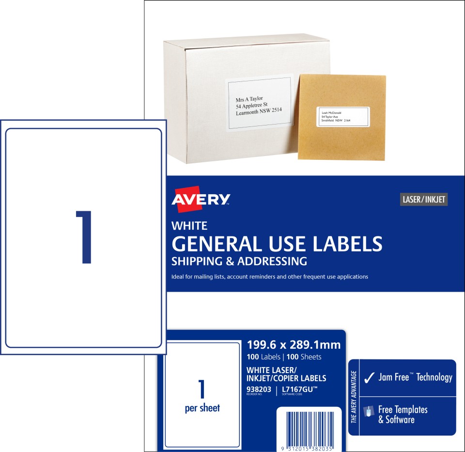 Avery General Use Labels 938203/L7167GU 199.6x289.1mm 1 Per Sheet White Pack 100 Labels