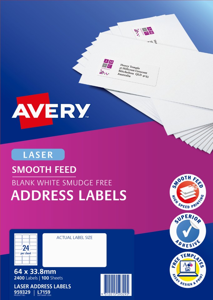 Avery Address Labels With Smooth Feed Laser Printers  64 X 33.8mm Pack 2400 Labels (959329 / L7159)