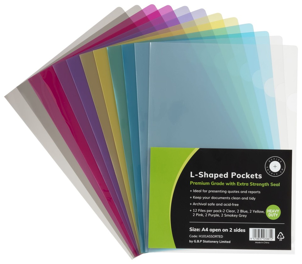 OSC L Shaped Pockets Heavy Duty A4 Assorted Colours Pack 12