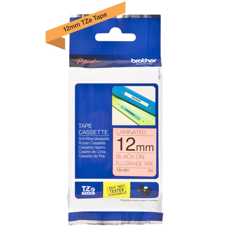 Brother TZe-B31 P-Touch Laminated Labelling Tape Black On Fluoro Orange 12mmx8m