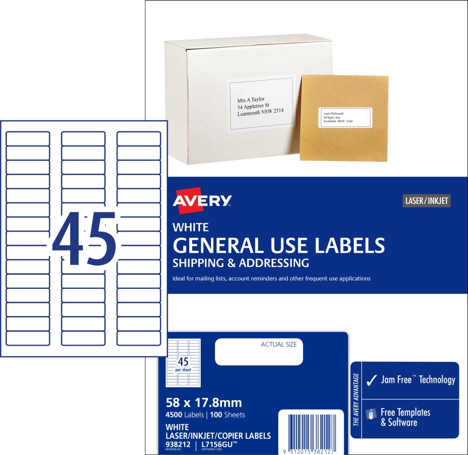 Avery General Use Labels 938212/L7156GU 58x17.8mm 45 Per Sheet White Pack 4500 Labels
