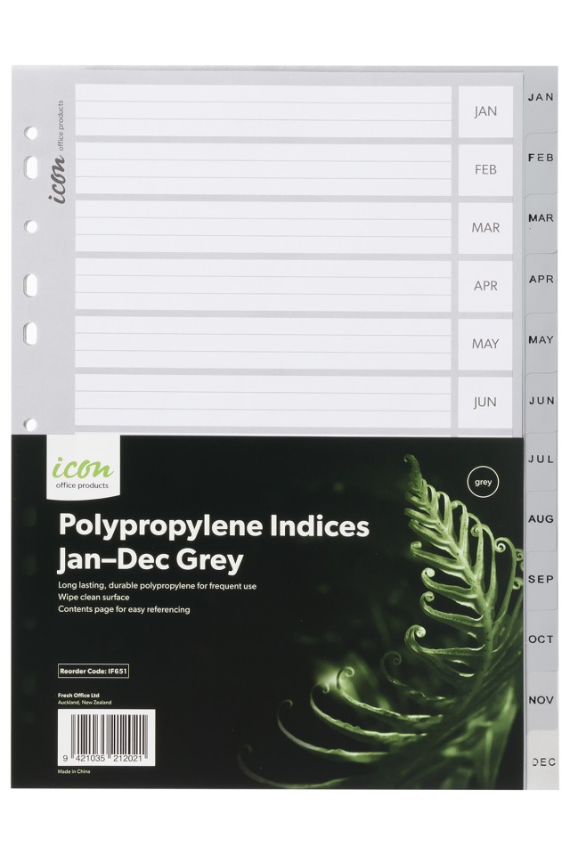 Icon Indices Polypropylene Jan-Dec A4 Grey