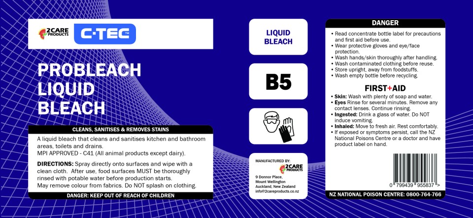 C-TEC Probleach Liquid Bleach 4% Label - Sheet of 3