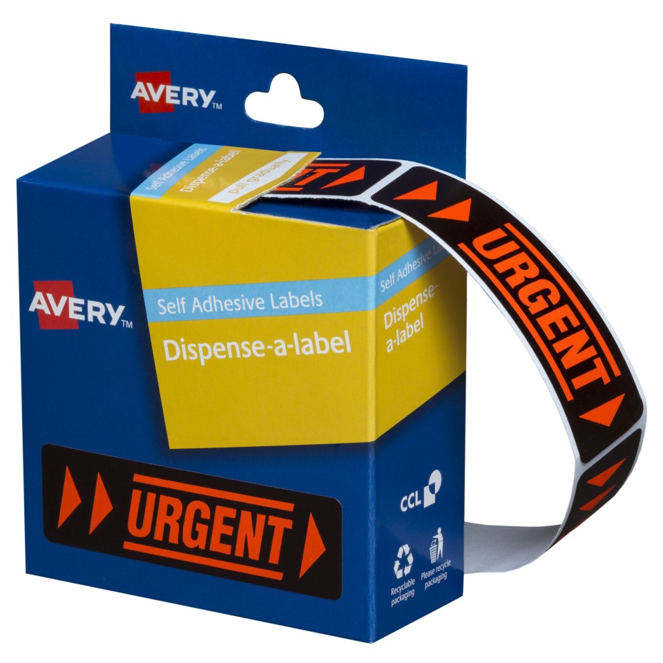 Avery Labels Urgent Dispenser 937251 64x19mm 125 Labels Black & Orange Pack 125