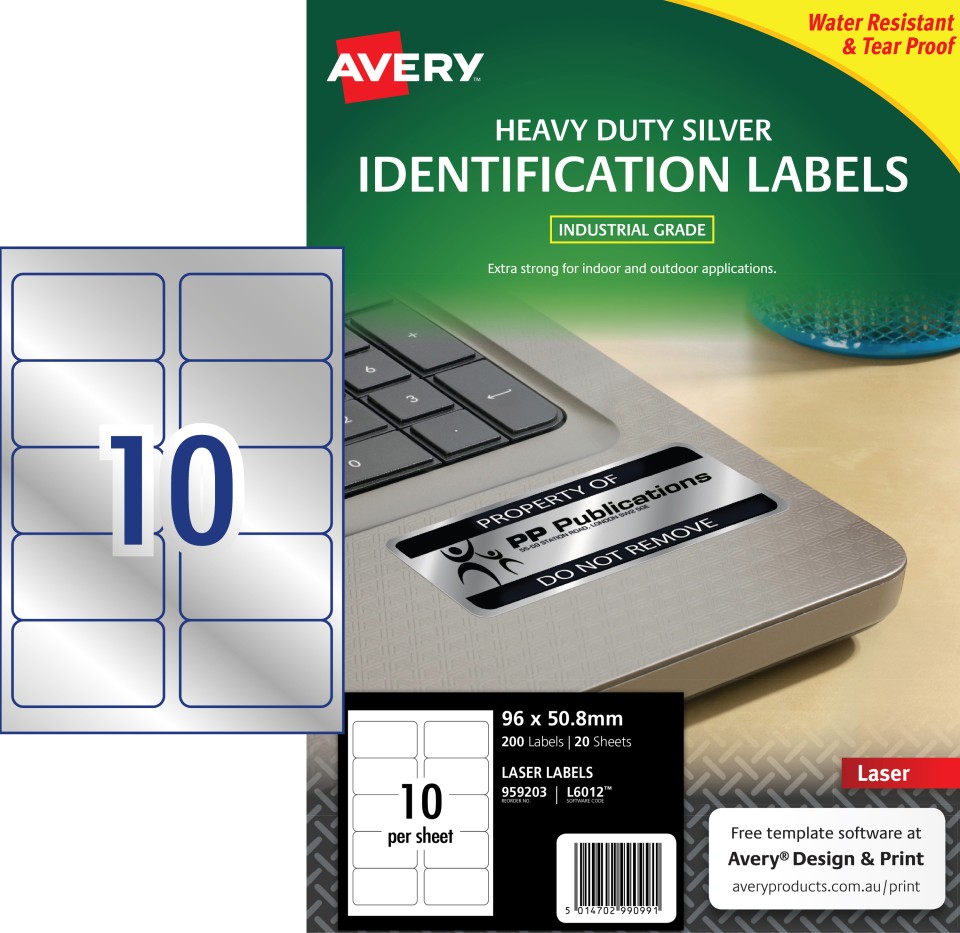 Avery Silver Heavy Duty Labels for Laser Printers, 96 x 50.8 mm, 200 Labels (959203 / L6012)