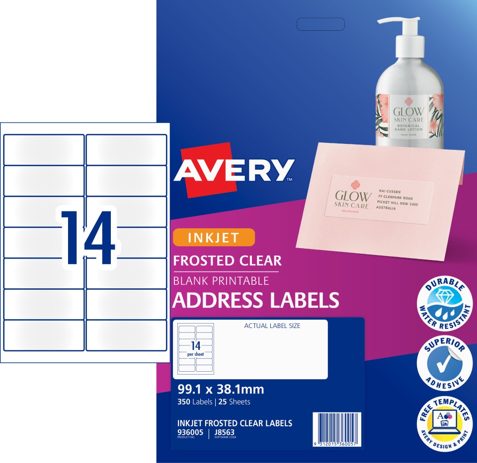 Avery Frosted Clear Address Labels Inkjet Printers, 99.1 x 38.1 mm, 350 Labels (936005 / J8563)