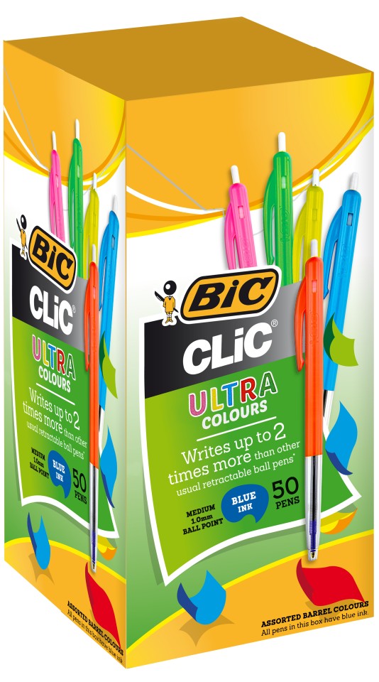 BIC Clic Medium Ballpoint Pen Retractable 1.0mm Assorted Colour Barrels Blue Ink Box 50