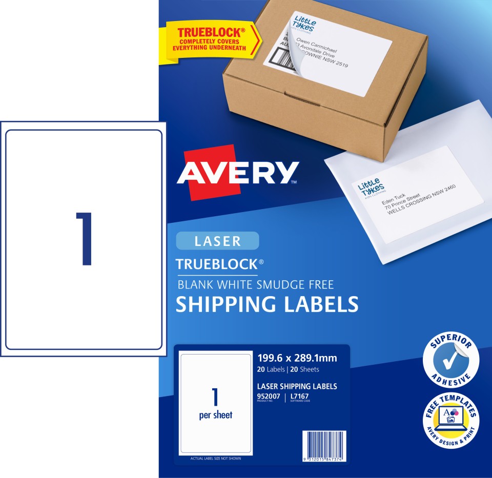 Avery Shipping Labels with Trueblock for Laser Printers 199.6 x 289.1mm 20 Labels (952007 / L7167)