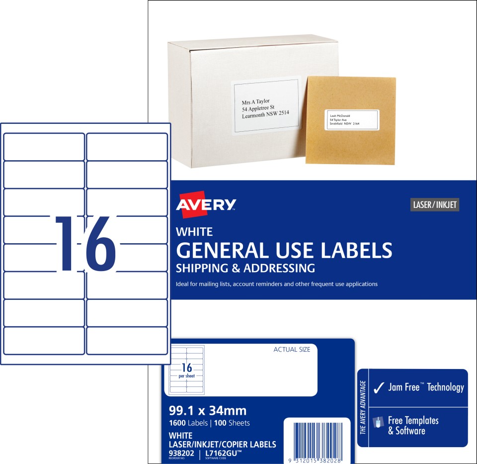 Avery General Use Labels 938202 L7162GU 99.1x34mm 16 Per Sheet White Pack 1600 Labels