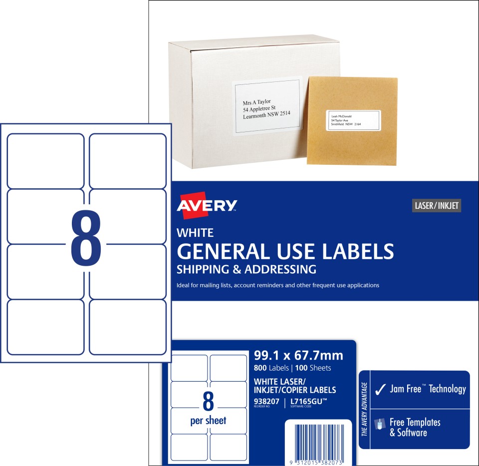 Avery General Use Labels 938207/L7165GU 99.1x67.7mm 8 Per Sheet White Pack 800 Labels